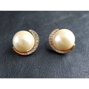 Vintage KF Signed Faux Pearl Half Moon w Paved Rhinestones Earrings